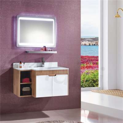 Foshan cheap modern stainless steel bathroom vanity cabinets with marble top and LED mirror