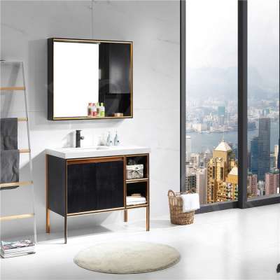 304 stainless steel 42 inch wall mounted mirror  cabinet ,standing leg gold black  bathroom vanity with sink